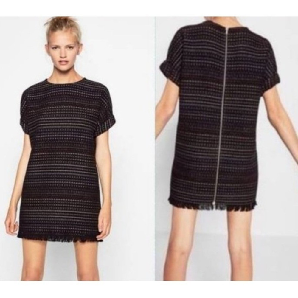 Zara‎ Trafaluc Multicolored Tweed Fringe Shift Dress Exposed Zipper XS Womens
